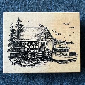 Lake House Scene Rubber Stamp PSX Beach Boating Nature Summer K2893